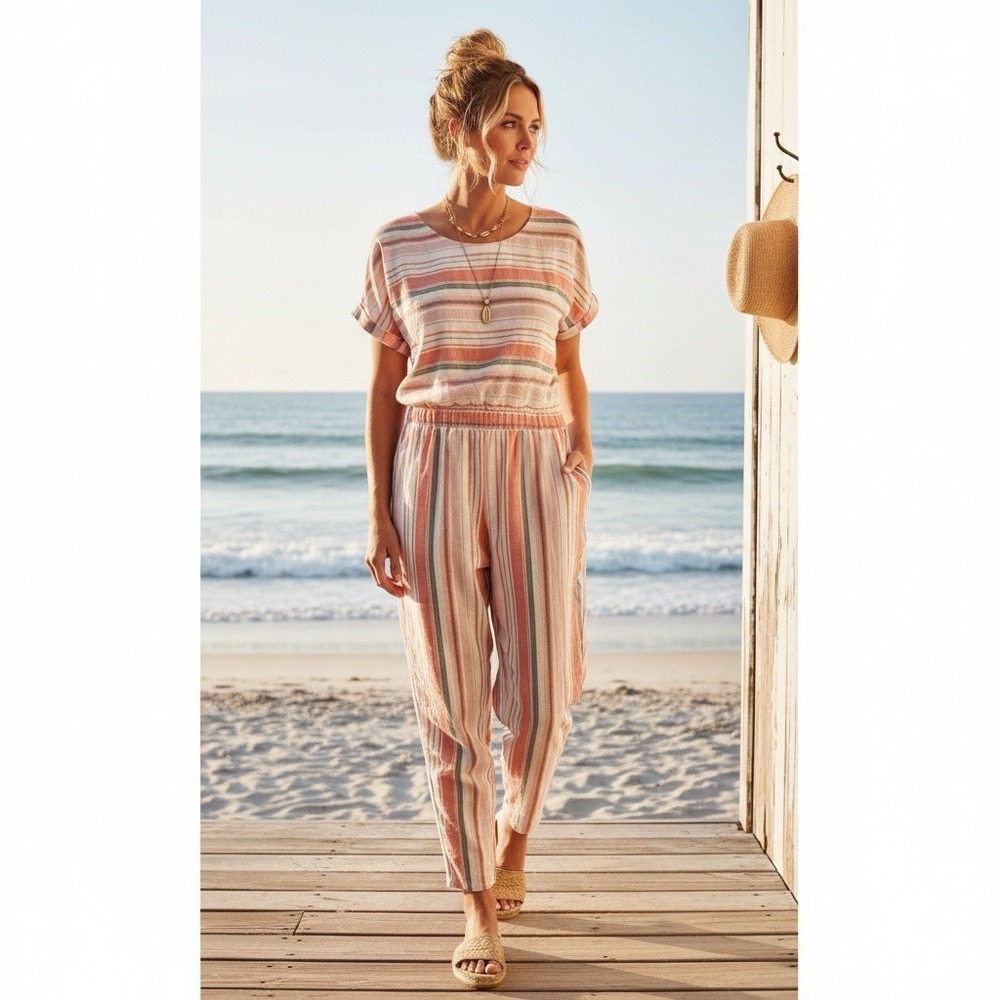 ROOLEE Striped Linen Blend Jumpsuit XS Coastal Boho Summer Wide Leg Pocketed